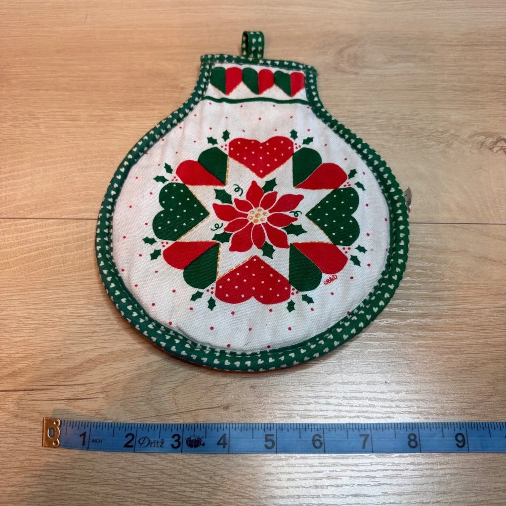 VTG B&D Christmas Poinsettia Hearts Ornament Quilted Potholder Green Red White